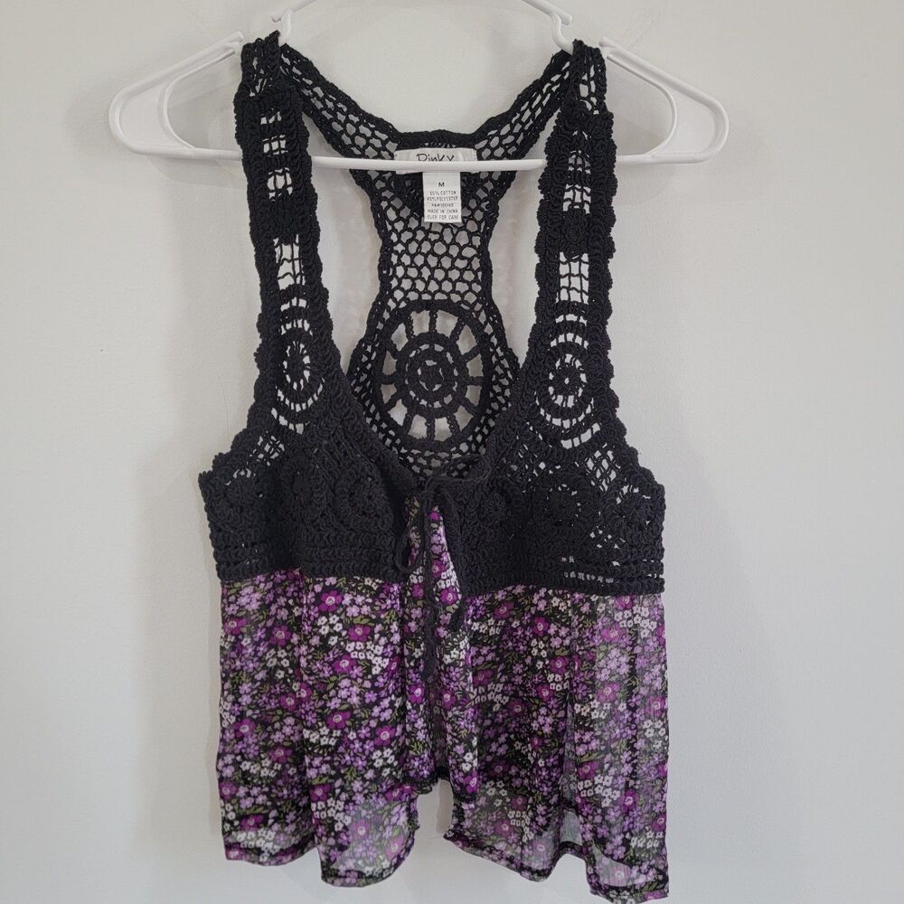 Womens Tie Front Babydoll Top Size Medium Sheer Crochet Fairy Whimsigoth Open